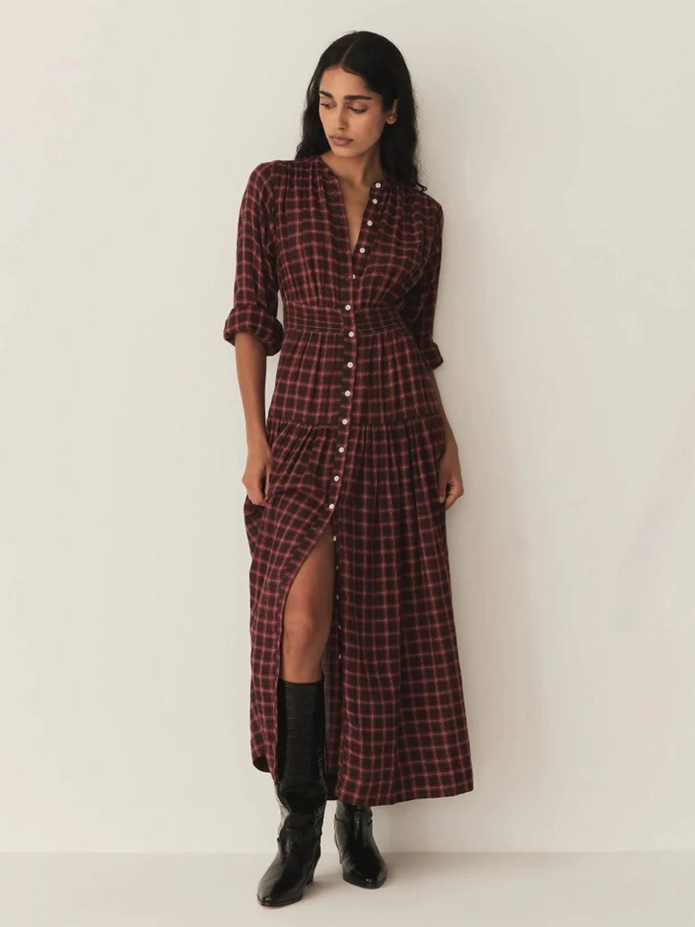 Doen Burgundy Plaid Button-Front Midi Dress